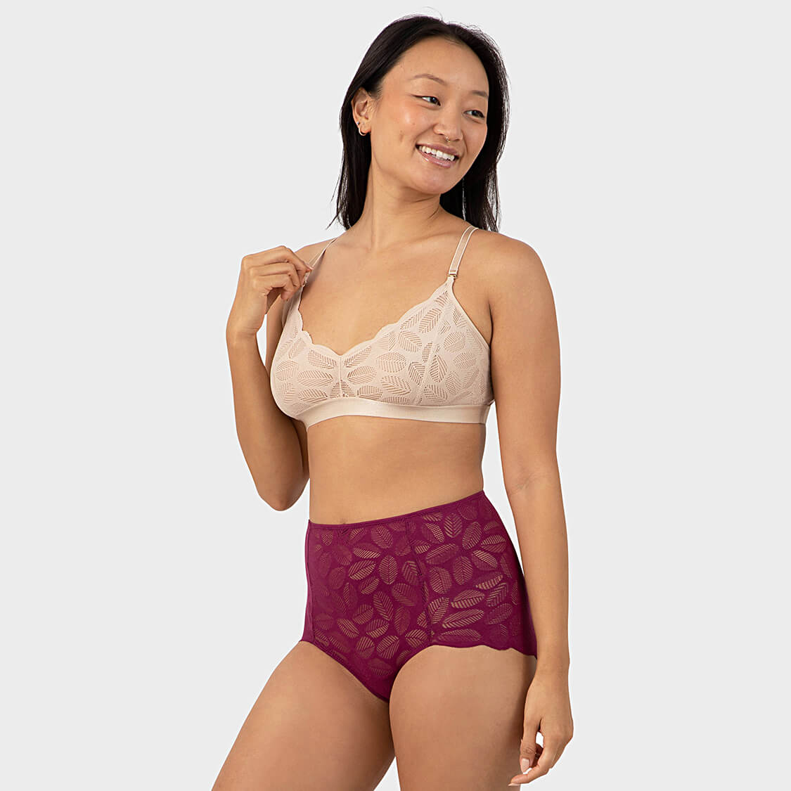 Seamless underwear maroon lace pantiesand beige lace racerback bralette