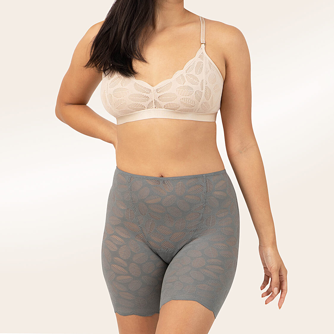 beige lace bralette and gray lace under dress shorts