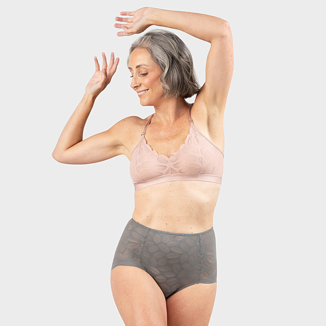 Pink lace bralette and gray lace underwear