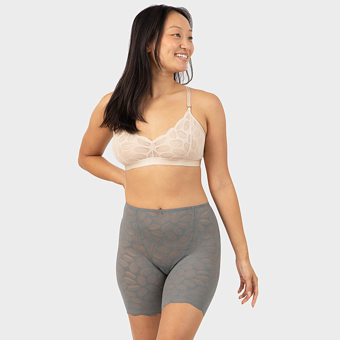 Beige lace bralette and grey lace slip shorts