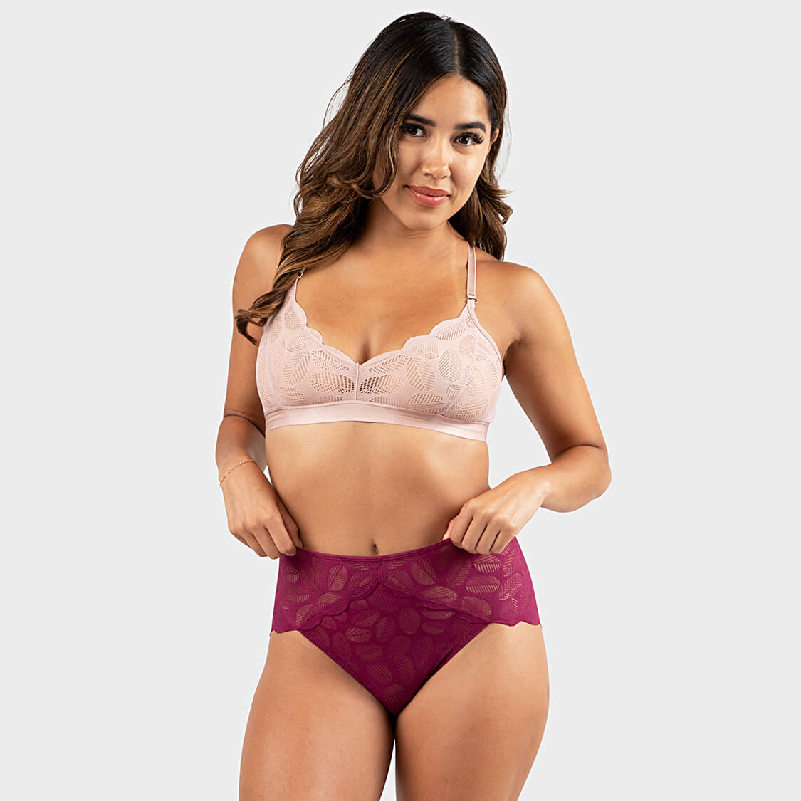 Pink lace bralette and maroon lace briefs french cut underwear