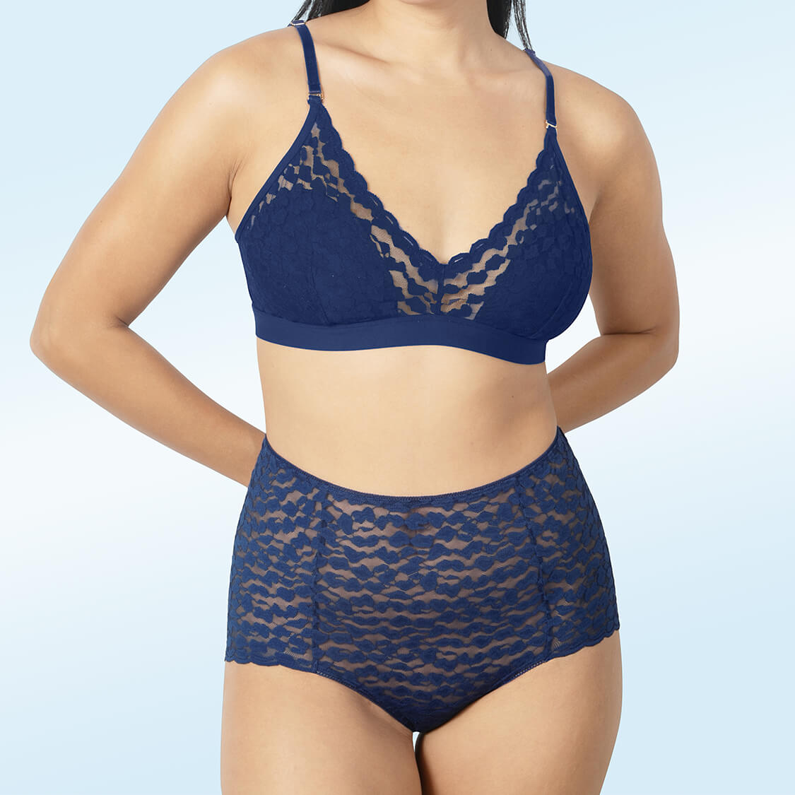 Navy blue lace lingerie set with leakproof underwear