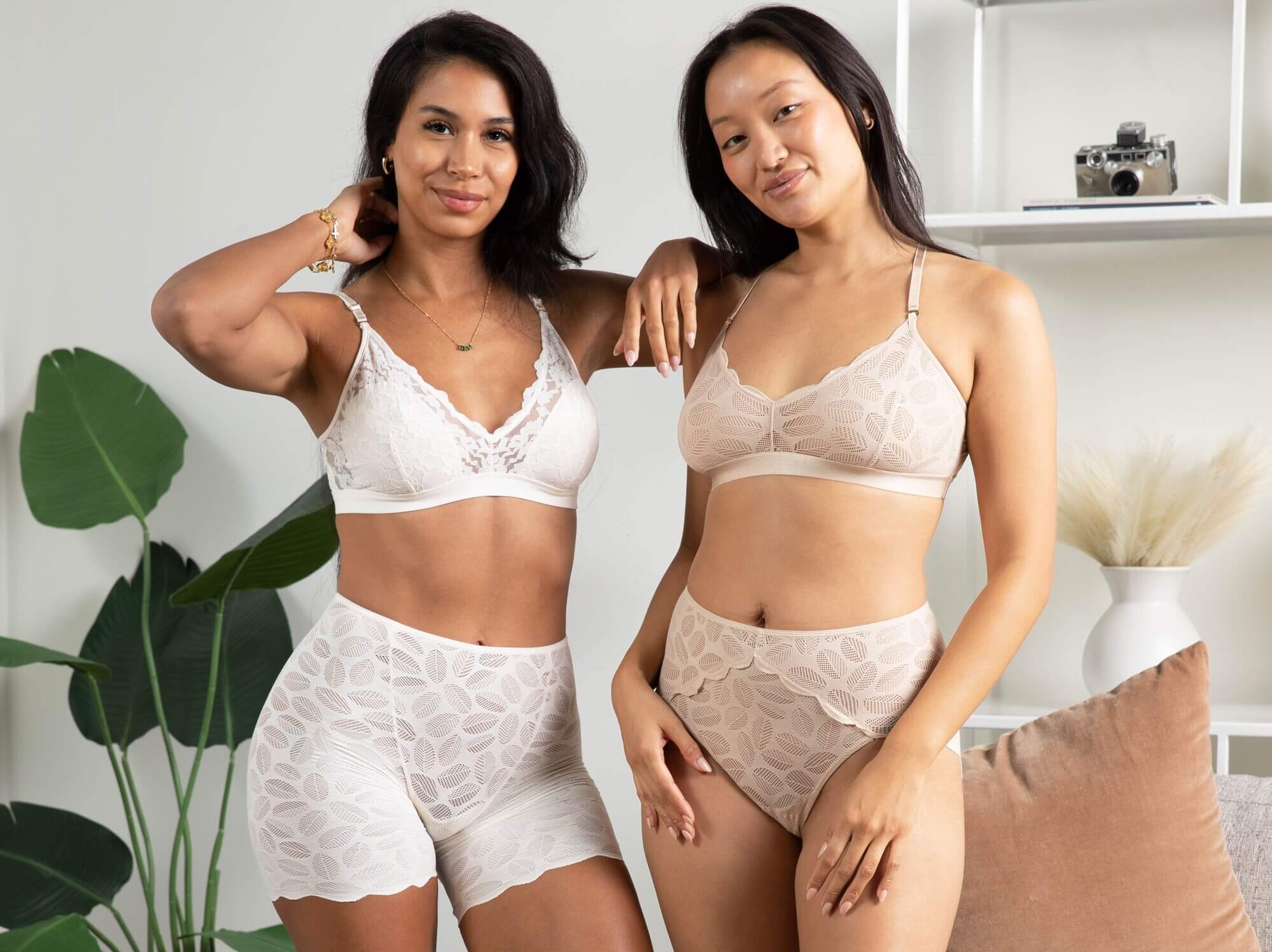 Women in white lace underwear and bralette set and beige lace bralette and french cut underwear
