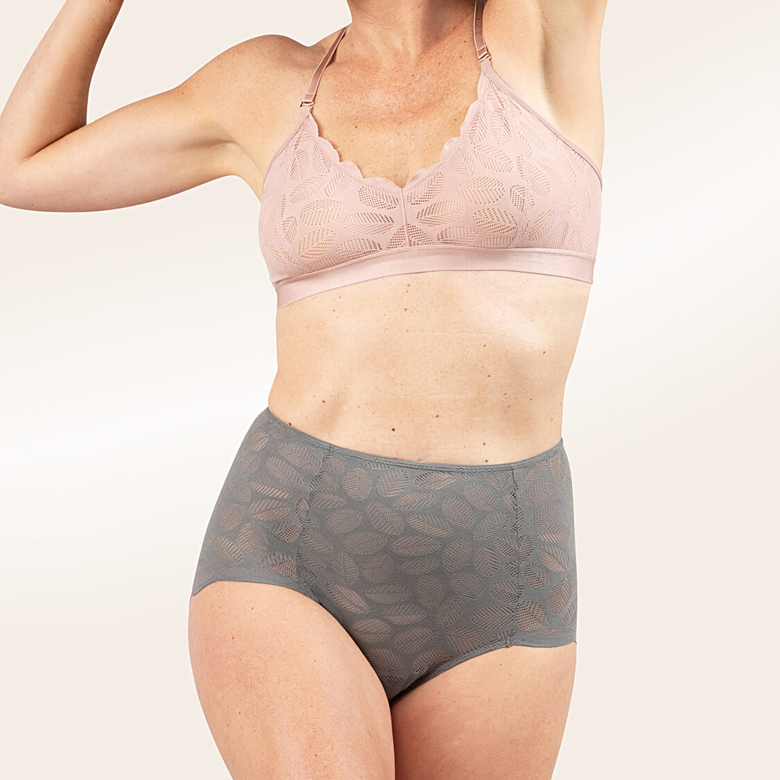 pink bralette gray lace panties