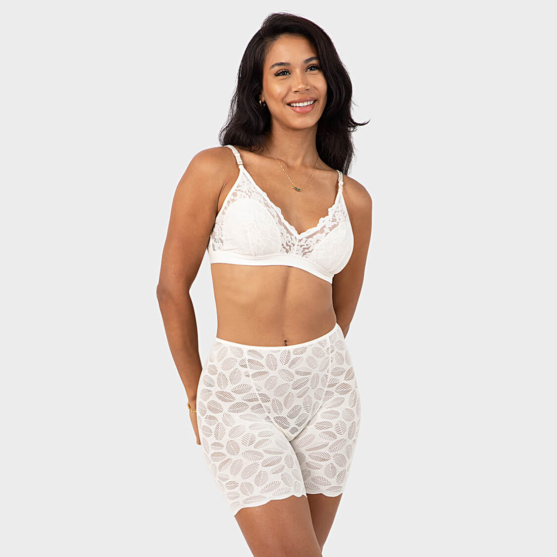 White lace slip shorts and bralette bridal lingere