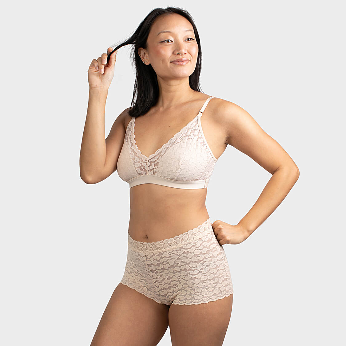 Beige lace bralette and lace boyshort underwear
